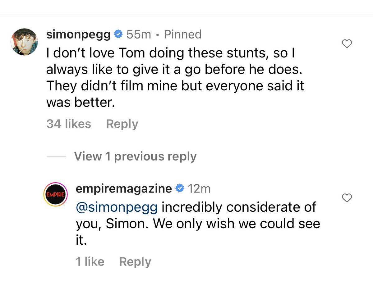 simon pegg 🤝 tom cruise  

can’t wait for this comic duo to hit the trail