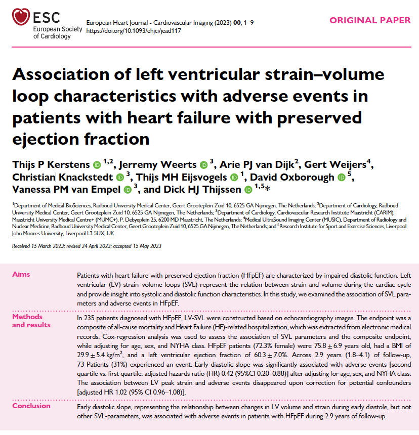 ThijsEijsvogels's tweet image. Our latest paper @ESC_Journals #EHJcvi: Association of left #ventricular #strain–volume #loop characteristics with #adverse #events in patients with #HFpEF

Full paper via: academic.oup.com/ehjcimaging/ad…