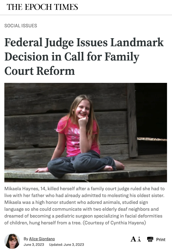 'Mikaela Haynes, 14, killed herself after a #familycourt judge ruled she had to live with her father who had already admitted to molesting his oldest sister.' A federal judge this week denied a court-appointed child advocate’s motion to dismiss a wrongful death lawsuit against