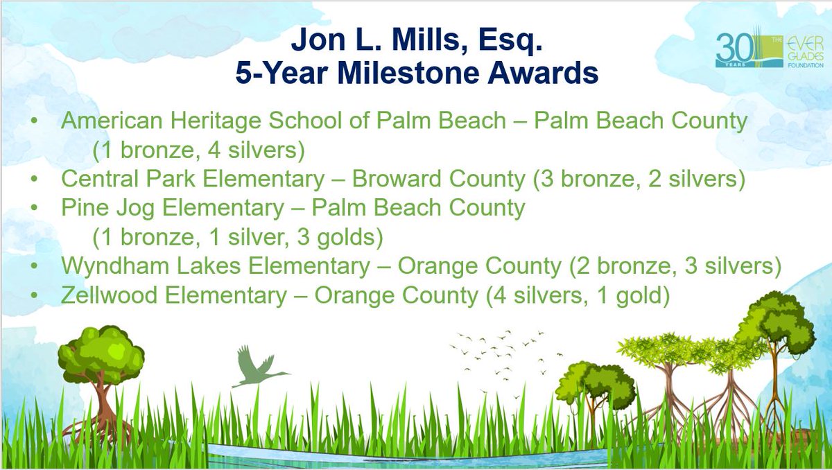 We're still celebrating our Everglades Champions this week with the Jon. L. Mills, Esq. 5-Year Milestone Awards! Congratulations to @AHSpalmbeach @CentralParkElem @PineJogES @WLES_OCPS & @ZellwoodEagles for reaching 5 years with the Everglades Champion Schools Program!