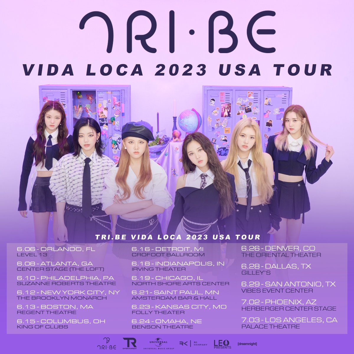 TOUR STARTS TOMORROW! 17 shows!

#TRIBEVIDALOCATOUR 💜 @tribedaloca 

𝐆𝐞𝐭 𝐲𝐨𝐮𝐫 𝐭𝐢𝐜𝐤𝐞𝐭𝐬 𝐭𝐨 𝐬𝐞𝐞 𝐓𝐑𝐈.𝐁𝐄 𝐢𝐧 𝐜𝐨𝐧𝐜𝐞𝐫𝐭!

⚡️TINYURL.COM/TRIBETOUR ⚡️

#TRI_BE #트라이비 #TRUE #USATOUR
#SongSun #Kelly #HyunBin #Jia #SoEun #MiRe