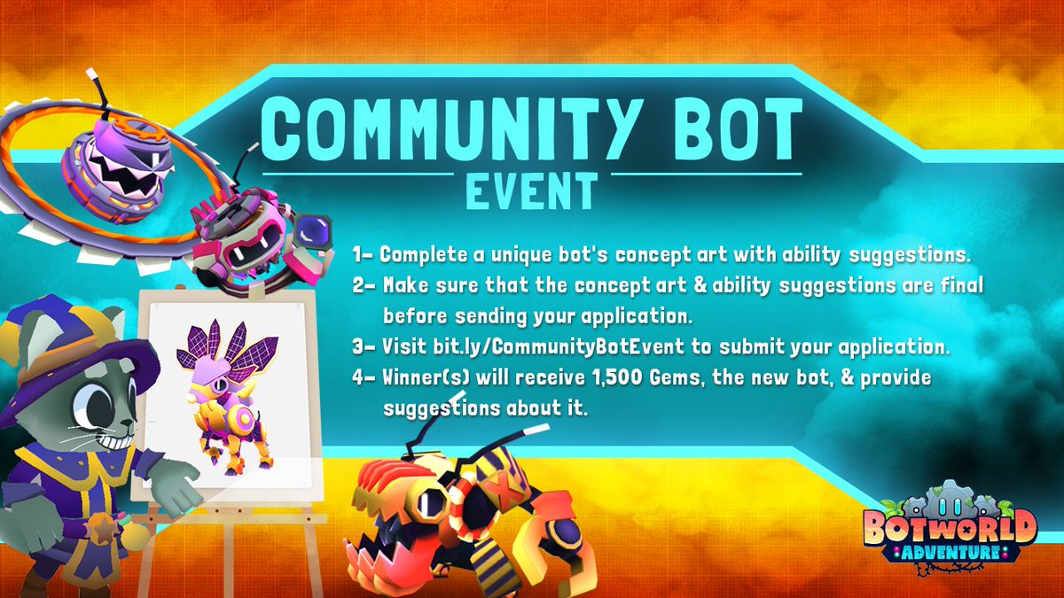 We are excited to bring back the Community Bot Event once again! Design your own unique bot & visit bit.ly/CommunityBotEv… to learn all about it. The winner's bot will be added to Botworld Adventure & will receive 1,500 Gems. #BotworldAdventure #rpggame #openworldgame #Botworld