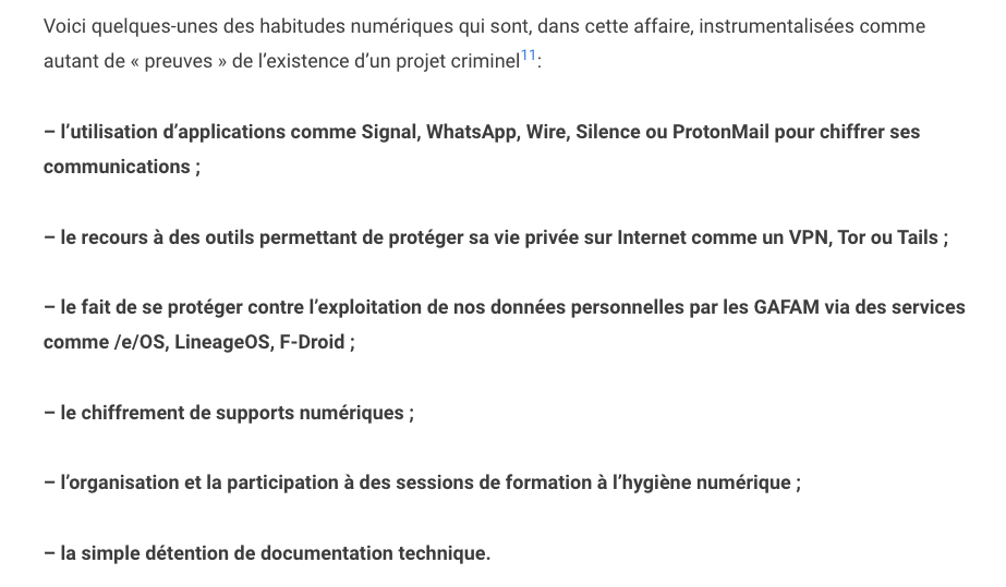 lea_linux's tweet photo. "Affaire judiciaire du 8 décembre : le chiffrement des communications assimilé à un comportement terroriste" https://t.co/WfdlGMbMcX 

Rien que ces deux passages sont ubuesques... https://t.co/qqKkL84kbz