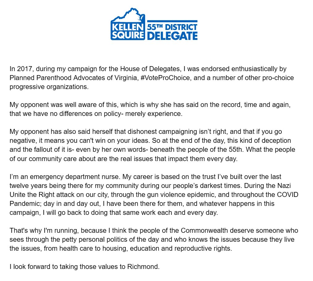 Folks, this isn't breaking news- but since 2017 has been coming up a lot, I think it's appropriate to announce that in 2017, I was endorsed enthusiastically by Planned Parenthood Advocates of Virginia, #VoteProChoice, and other pro-choice organizations.

My statement: