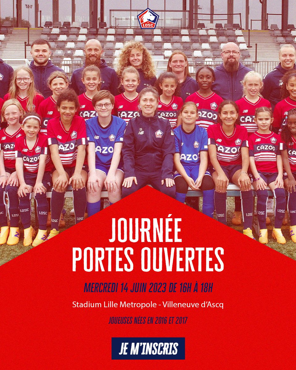 losclive's tweet photo. Le LOSC organise une journée portes ouvertes le mercredi 14 Juin au Stadium  à destination des filles nées en 2016 et 2017 pour étoffer ses équipes jeunes pour la saison 23-24 👏

➡️ Préinscription obligatoire pour y participer ! RDV ici : https://t.co/sqVThdzvgu https://t.co/yd0eda6MBt