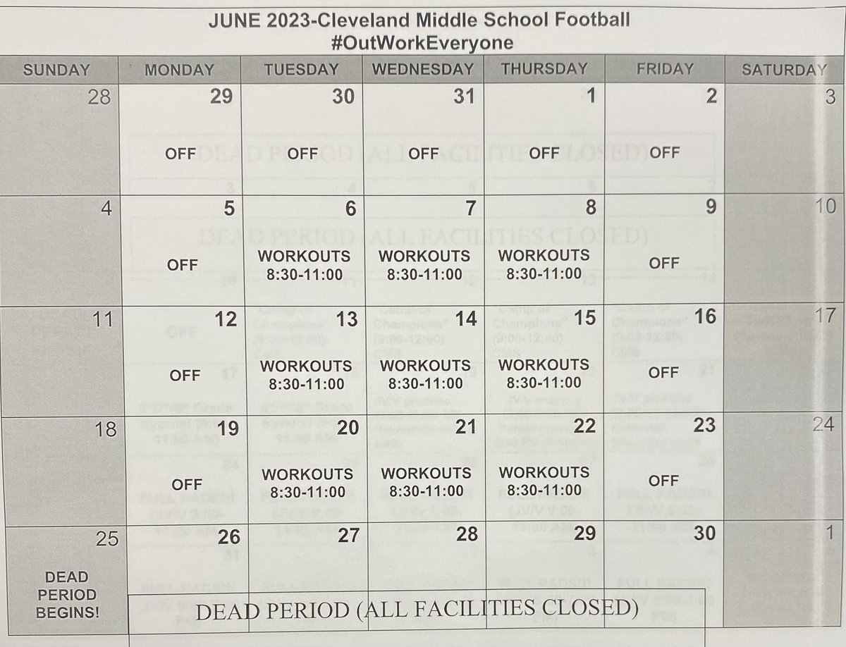 Good morning Blue Raider Nation! Summer conditioning begins tomorrow morning at 8:30 SHARP! We will condition 8:30-11:00. Every day, players need to bring/wear:

-t-shirt
-shorts
-tennis shoes 
-cleats 
-water

**we will have water as well**

Any questions? Let me know!