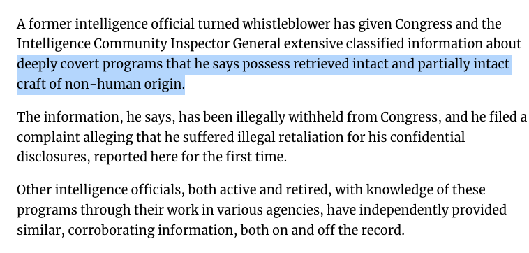 esaagar's tweet image. This is the biggest story in the UFO world since the 2017 NYT expose 

IC whistleblower says the US government is illegally covering up the possession of intact craft not of this earth 

thedebrief.org/intelligence-o…