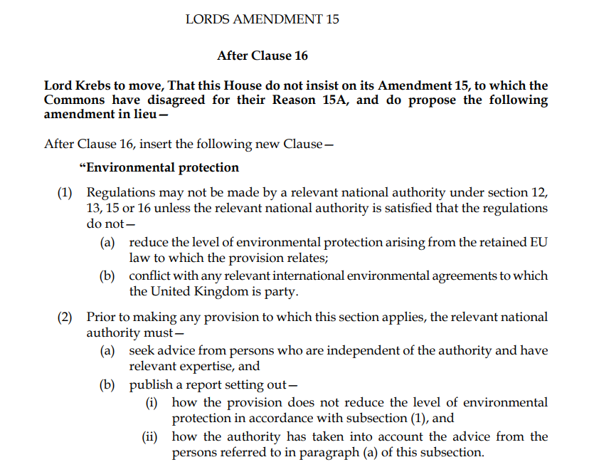 The Lords improved the #RetainedEULawBill with a clause to prevent Ministers from weakening environmental law.

Last week, Government deleted the amendment in the Commons.

Tomorrow, Parliament will consider again.

Government should accept this legal guarantee of their promises.