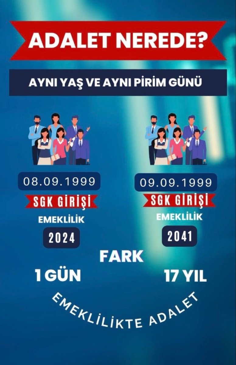 Yaş 46 ve 8000'e yakın prim günüm var. iş arkadaşımın prim günü benden az. yaşı 43 benden genç ve çalışma süresi benden kısa ama girişi benden önce diye emekli olabiliyor?
@ErbakanFatih kötüyüm demeye utanıyorum ama iyiyim demeye de dilim varmıyor
#BakanIsıkhan2000LerSiziBekliyor