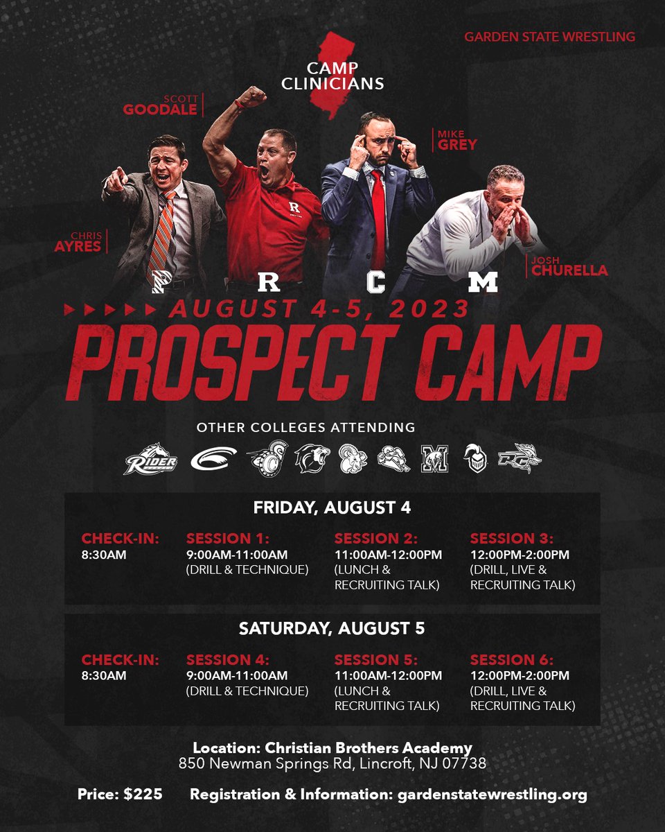 GardenStateWrestling (@gs_wrestling) on Twitter photo Over 15 colleges represent for our College Prospect Camp in August.
Information: gardenstatewrestling.org/college-prospeβ¦
Location: <a href="/CBAWrestle/">CBA Wrestling</a> Over 15 colleges represent for our College Prospect Camp in August.
Information: gardenstatewrestling.org/college-prospeβ¦
Location: <a href="/CBAWrestle/">CBA Wrestling</a>