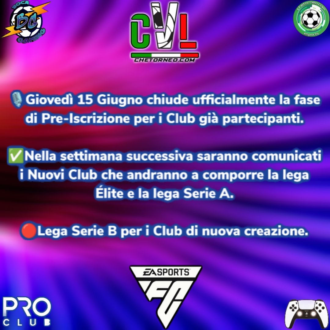 🎙️Comunicato Ufficiale

🇮🇹 <a href="/CVL_ITALY/">CheTorneo Virtual League #ProClub #NoProfit</a> ci tiene a ringraziare la community Italiana per le tante richieste di partecipazione per la prossima stagione su EA FC 24 🙏

#WeAreBoca

<a href="/chetorneo/">Chetorneo eSports</a>
<a href="/BocaRetwitt/">BocaRT</a>
<a href="/S6_trialhouse/">S6 Trialhouse | #proclubs</a>
<a href="/Freeagent_PS/">Pro Clubs Free Agency</a>
<a href="/EsportsTweeter/">Esports RTs</a>
<a href="/BocaGamingASD/">ASD_BOCA_GAMING</a>
<a href="/pctransfermarkt/">🇮🇹 PRO CLUBS TRANSFERMARKT🔍</a>
