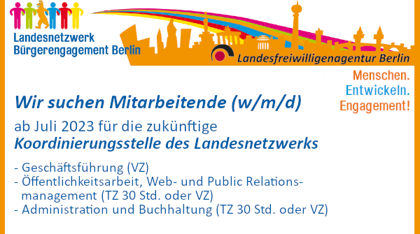 Berlin fördert jetzt eine Geschäftsstelle für das #Landesnetzwerk #Bürgerengagement. Im Juli können drei Mitarbeitende (w/m/d) ihre koordinierende Tätigkeit aufnehmen ... Bis zum 26. Juni 2023 bewerben ➔ aktiv-in-berlin.info/ausschreibung_…

#MenschenEntwickelnEngagement #Stellenangebot