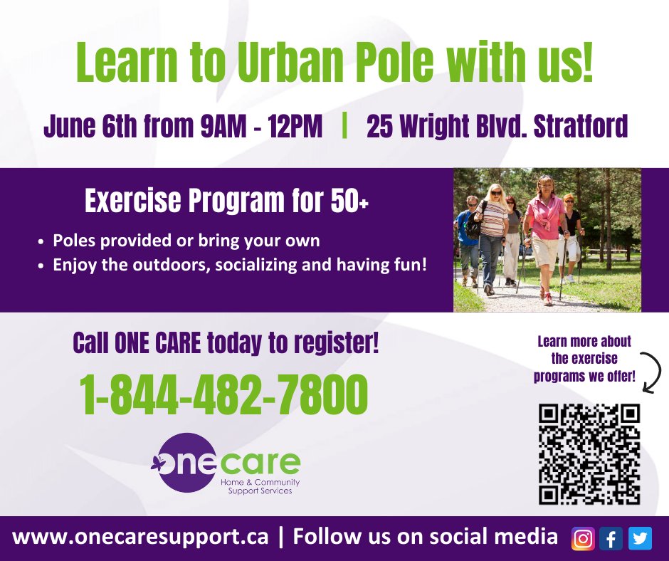 Learn to Urban Pole with us! Walking can strengthen your bones and muscles, boost immune function, and increase energy levels. Our program starts tomorrow so sign up today by calling 1-844-482-7800.