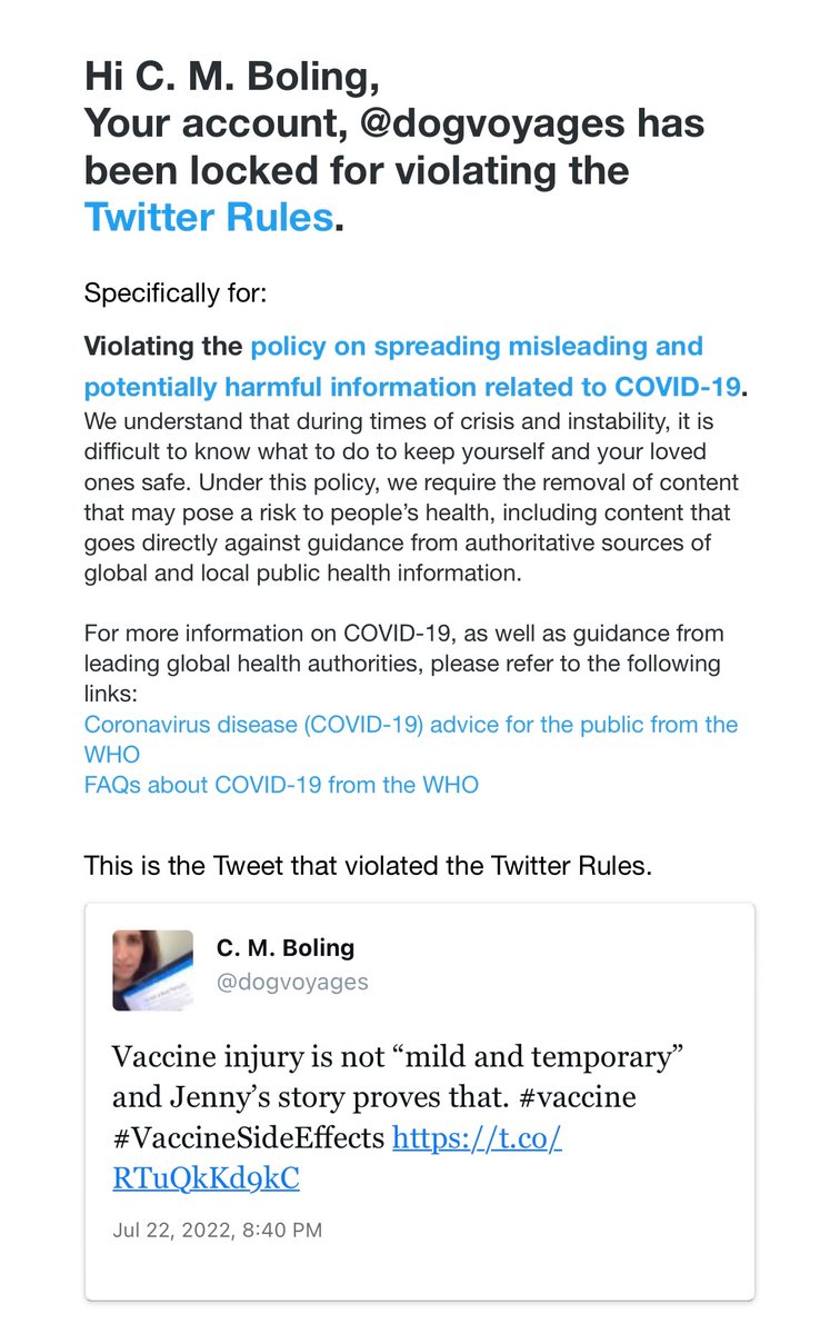 Where have I been?
I was banned from Twitter in July of 2022 for posting “misleading and potentially harmful information related to Covid-19”.

The people who silenced us still want us to be quiet. I still won’t do that 📣 
#CovidCoverUp #vaccineinjuries