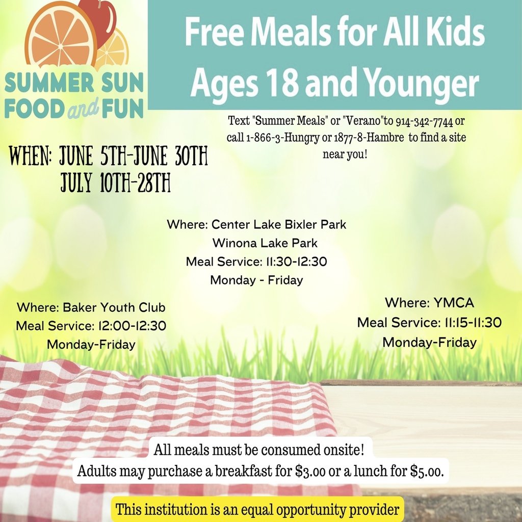 Don't forget, free lunch at the park (11:30am – 12:30pm) starts today!  

WHERE: Winona Lake Park AND Bixler Park @ Center Lake. 
WHEN: June 5 - June 30, 2023, July 10 – July 28, 2023
WHO:  All children under 18 (adults pay purchase one for $5)

#WCSmission