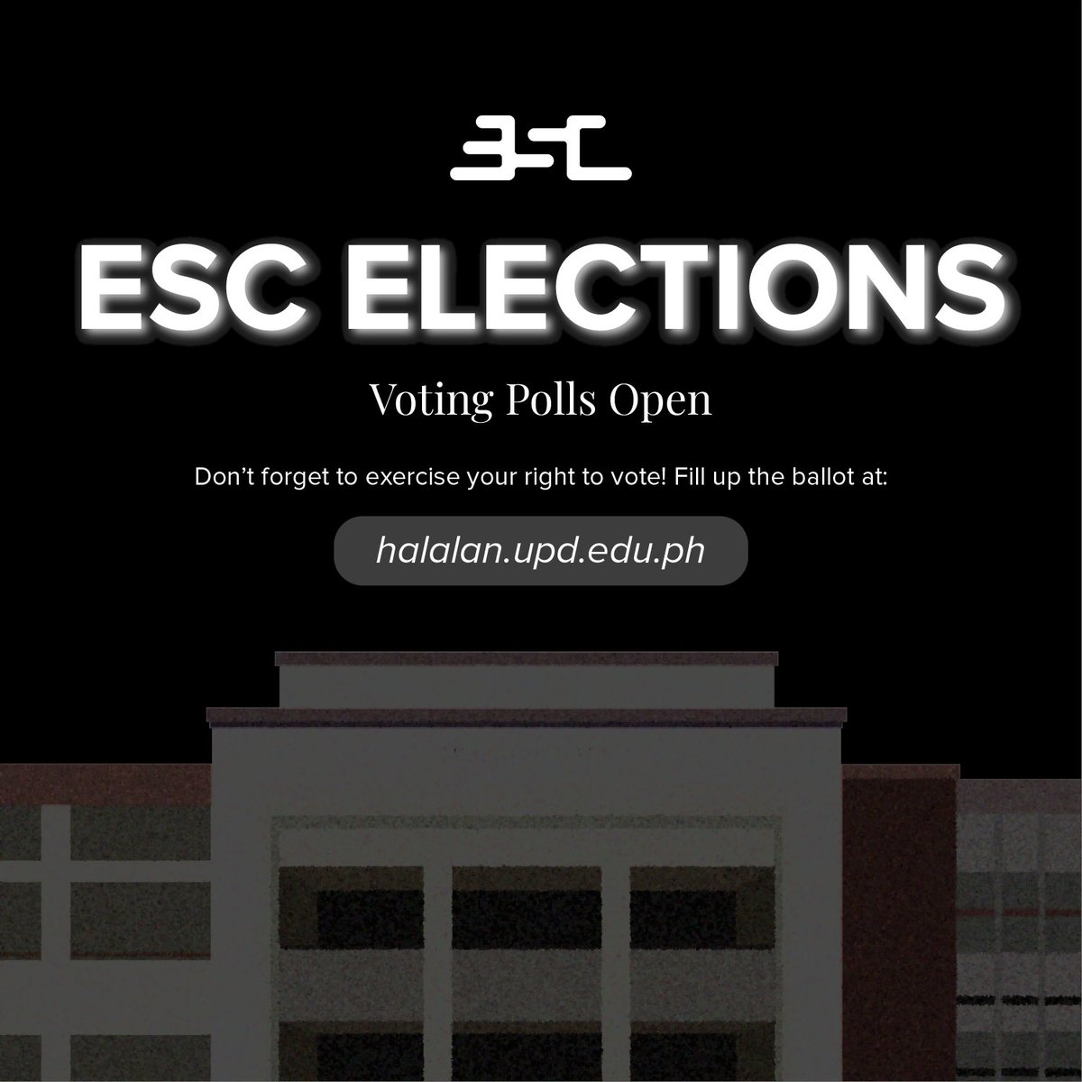 [ESC ELECTIONS | DAY 1 OF VOTING]
Polls for the ESC elections open today. Exercise your right to vote at:

halalan.upd.edu.ph
halalan.upd.edu.ph
halalan.upd.edu.ph

Polls will remain open until June 9, 2023. Let's aim for 100% voter turnout!

#HalalanUPD2023