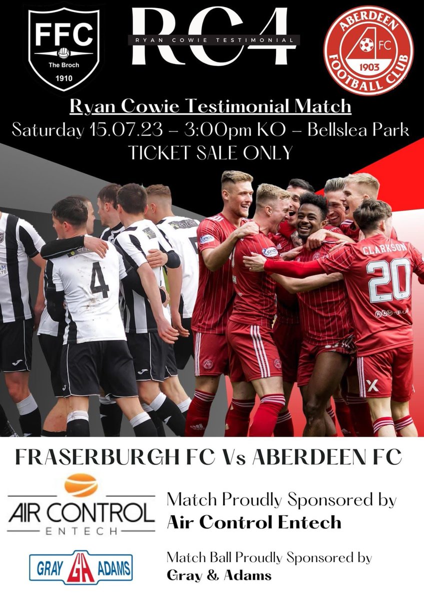 🖤🤍RC4 TESTIMONIAL🤍🖤

💥ALL TICKET💥

⚽️Fraserburgh v Aberdeen

🗓Sat 15th July 2023

🌍Bellslea Park

⏱Kick Off 3.00pm

➡️£12 Adult

➡️£6 Concession

TICKET INFO 🧵……….