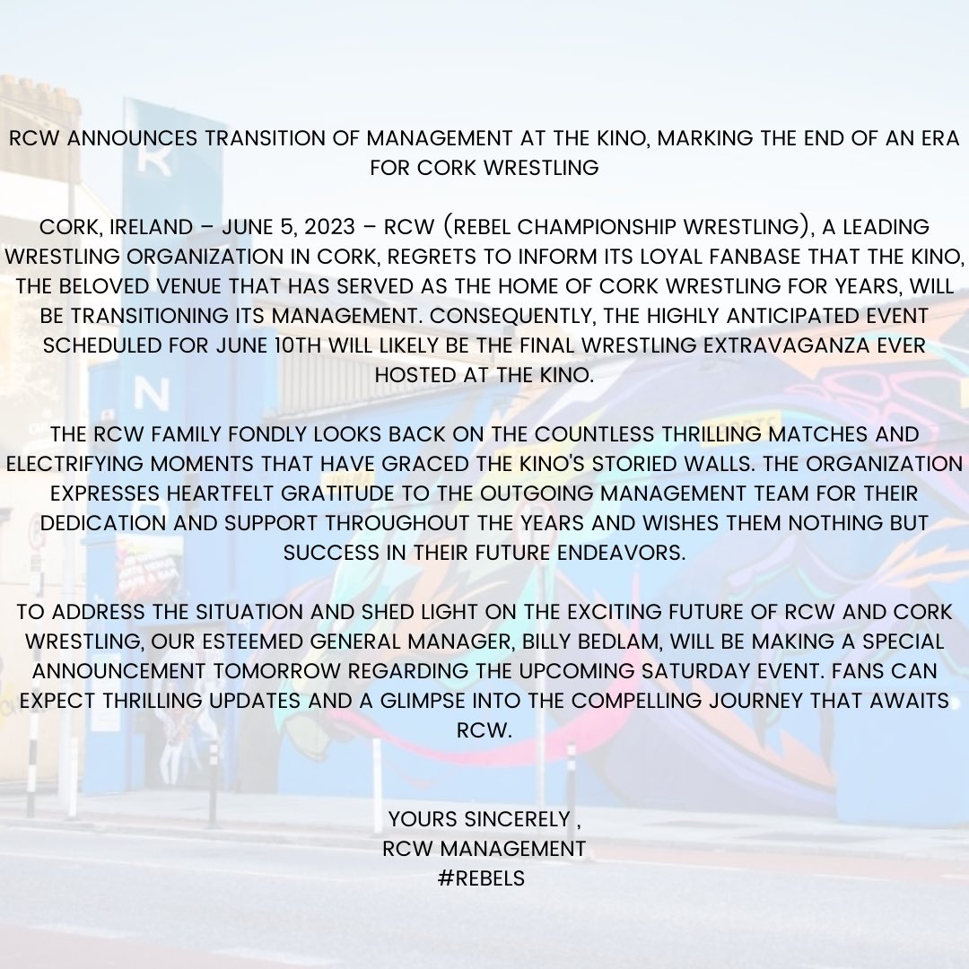 Important Announcement about The Kino, Saturdays Show and The exciting future of #Cork Wrestling! 

#REBELS