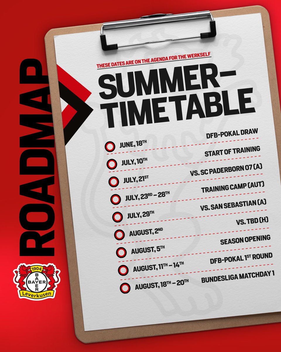 🗓️ These are the key dates so far for the summer preparations of the #Werkself.

ℹ️Informations on further test matches and the #Bayer04 season opening will follow.
