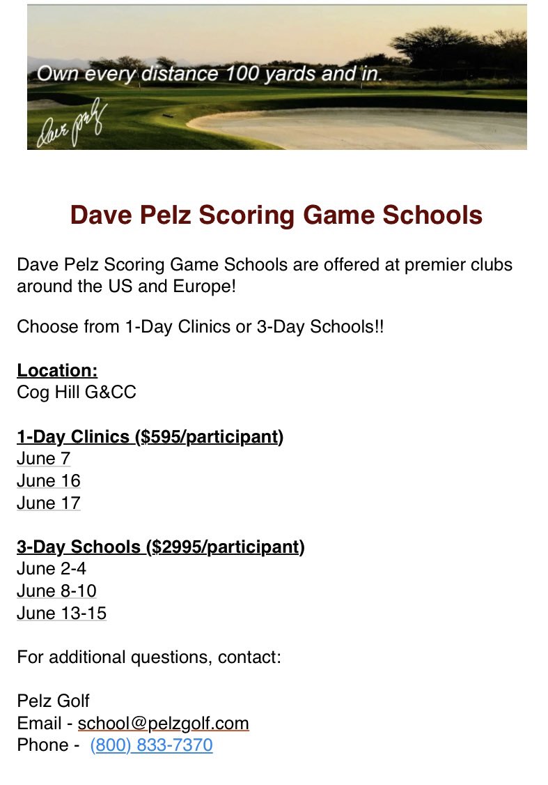 If you’ve ever wanted to attend a <a href="/PelzGolf/">Dave Pelz</a> clinic, now is the time! Our friends at <a href="/CogHillGolf/">Cog Hill Golf & Country Club</a> are hosting 1 and 3-day scoring game schools. To register, head to pelzgolf.com