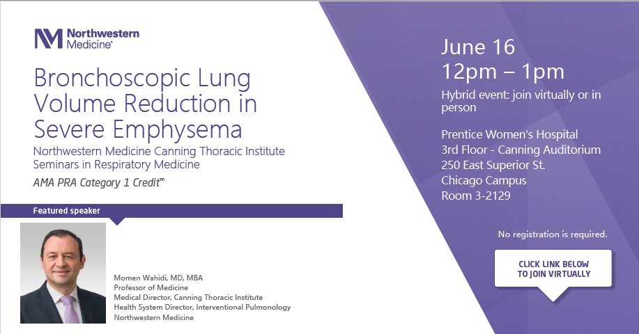 Join us for a Northwestern Medicine Canning Thoracic Institute Seminar in Respiratory Medicine. Momen Wahidi, MD (@Int_Pulmonology), the medical director of Canning Thoracic Institute, will lead 'Bronchoscopic Lung Volume Reduction in Severe Emphysema.' teams.microsoft.com/l/meetup-join/…