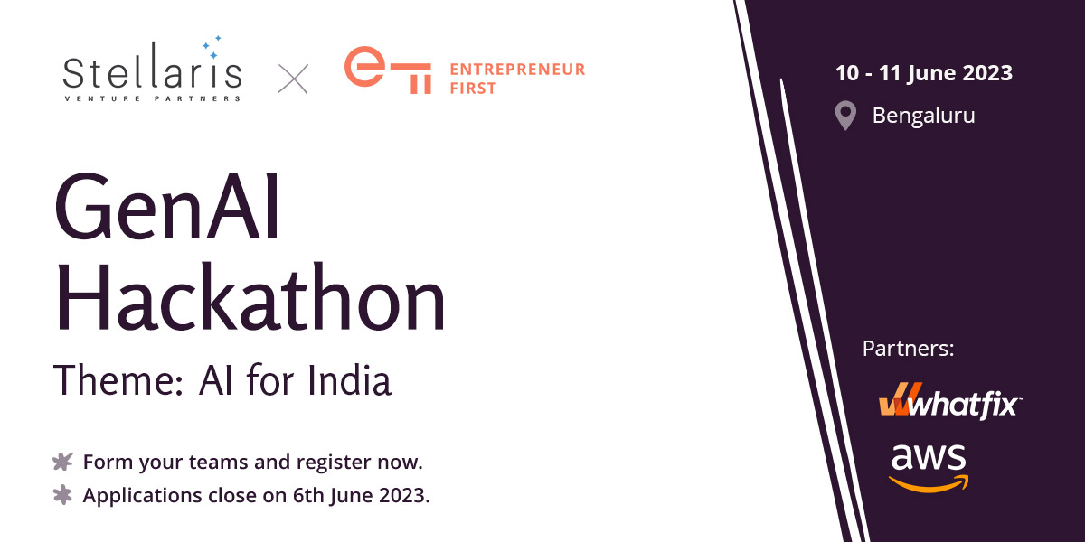 Stellaris_VP's tweet photo. ⌛ Last date to register for the GenAI Hackathon: AI for India is tomorrow, 6th June.

Form your teams of 1-4 & apply today for an opportunity to solve real-world problems with AI, under the expert mentorship of Stellaris & @join_ef 

Apply now: https://t.co/hTsgCiiqTm
