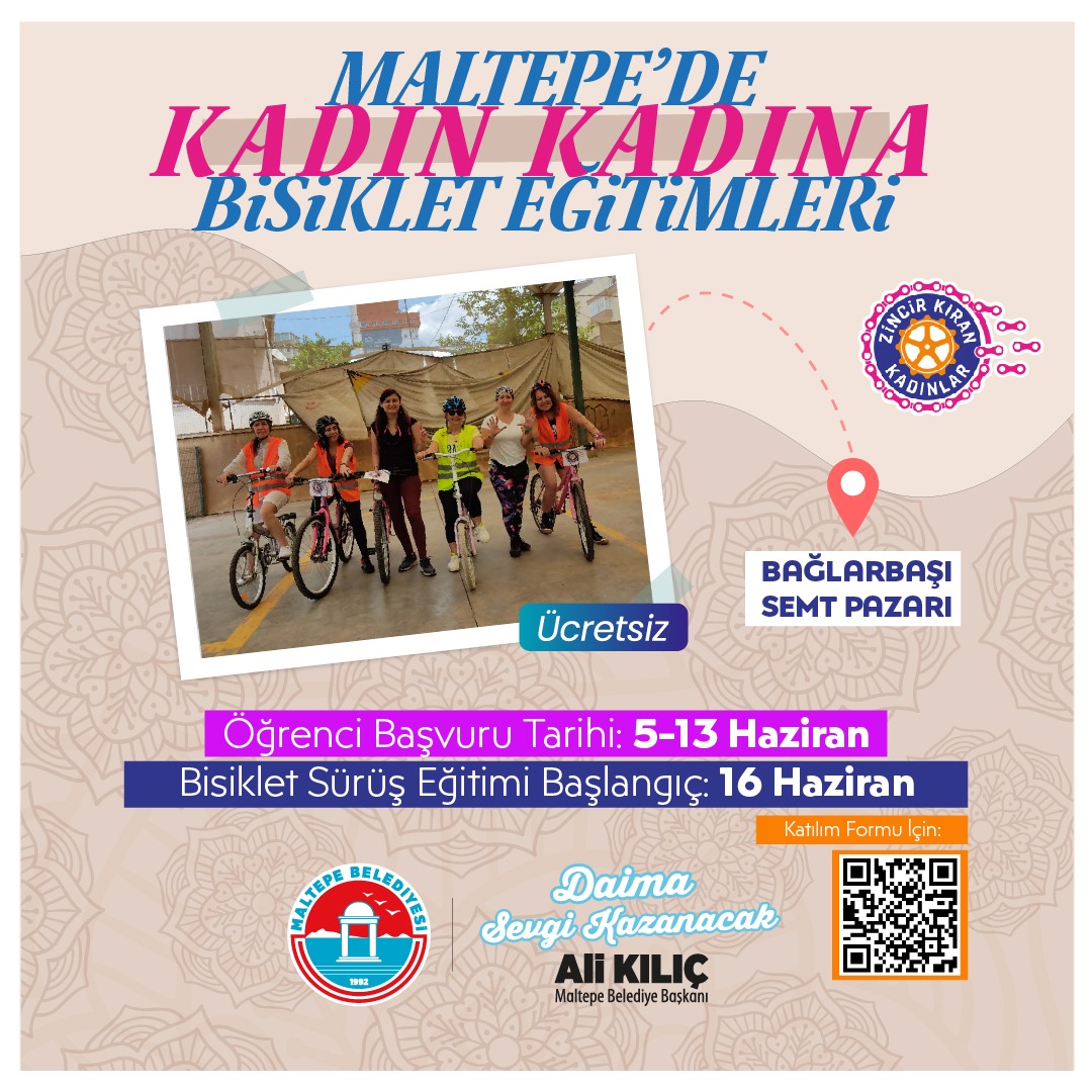 MaltepeBelTr's tweet photo. 🚴‍♀️Çocukluk hayali olarak kalmasın, sen de pedal çevir!

Zincir Kıran Kadınlar ve Strateji Geliştirme Müdürlüğümüz iş birliğiyle, Maltepe’de yaşayan kadınlara bisiklet sürmeyi öğretiyoruz.

Kız kardeşlerin sana da öğretsin istersen👇
Kayıt linki: https://t.co/sT4ahngzWA https://t.co/4TfZ7BaqOk