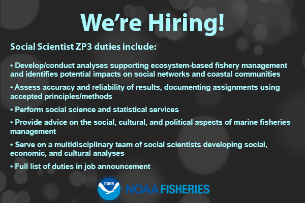 NOAAFish_NEFSC's tweet photo. We’re #Hiring a Social Scientist ZP3! Location: #WoodsHole #MA or #Narragansett #RI. Apps due 6/12. Public/Career trans fed/Vets: https://t.co/VNNLk7s3t0. Fed/Career trans fed/Vet/Others: https://t.co/CTwShNqjuX. Social Sciences Branch: https://t.co/2AnujO2298. #Jobs https://t.co/XjXRLG4tFN