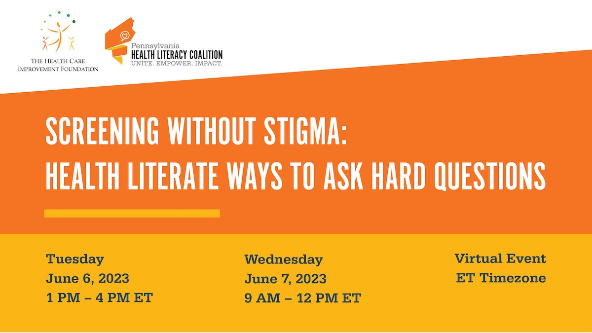 Health Care Improvement Foundation (@hcifonline) on Twitter photo Our next <a href="/PAHealthLit/">PA Health Literacy</a> event, "Screening Without Stigma: Health Literate Ways to Ask Hard Questions," is almost here! Join us on June 6 from 1pm - 4pm & June 7 from 9am - 12pm. Register: bit.ly/3J3NpIM Our next <a href="/PAHealthLit/">PA Health Literacy</a> event, "Screening Without Stigma: Health Literate Ways to Ask Hard Questions," is almost here! Join us on June 6 from 1pm - 4pm & June 7 from 9am - 12pm. Register: bit.ly/3J3NpIM