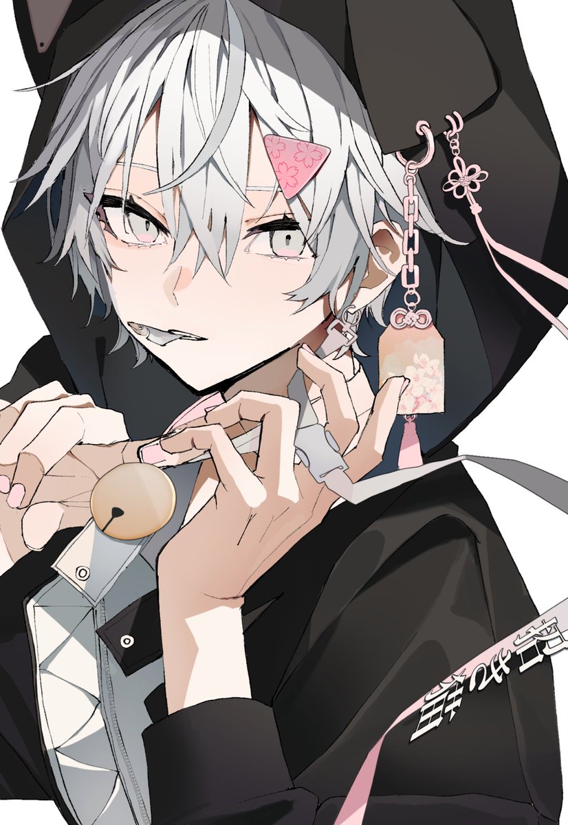 1boy male focus hood bell solo grey eyes white hair  illustration images