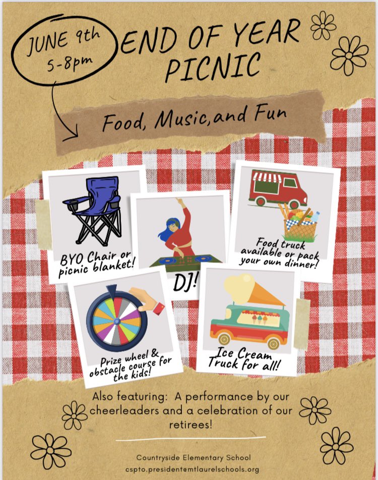 Countryside_PTO's tweet photo. Our End of Yesr Picnic is this Friday (6/9)! Come join us - there will be a DJ, an inflatable obstacle course, a food truck, and Mr. Softee! We could use a few volunteers throughout the evening - see our weekly newsletter for the sign up if you can help! https://t.co/TYxs4qcSGd