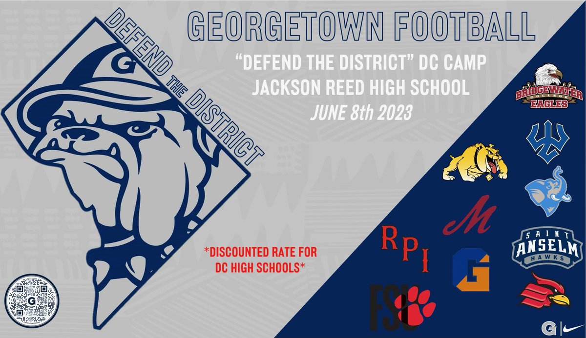 We are a few days away from our #DefendTheDistrict camp!!!

We have more college coaches coming!

All are welcomed! Discounted rate for ALL DC high schools!

Location - Jackson-Reed High School

Can’t wait to see you compete! 

#HOYA24XA

🔥🔥🔥🐶🐶🏈🏈🏈