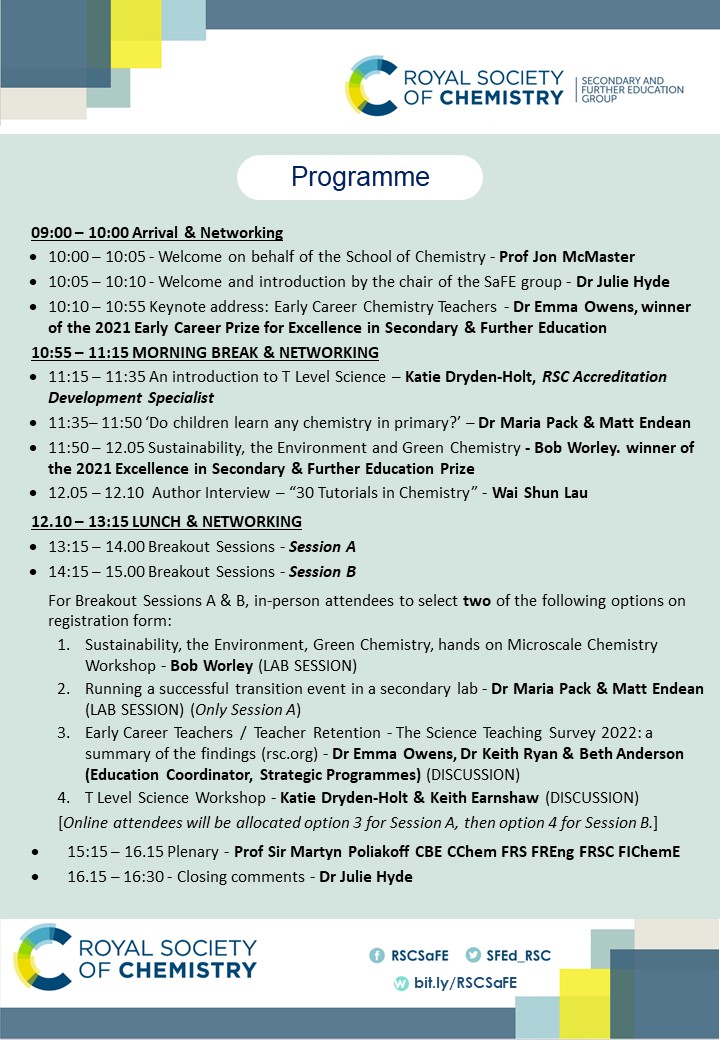 Our 7th Annual Chemistry Educators Conference, hosted by @ChemistryUoN on Tuesday 4th July, is now open for bookings - join us F2F or online. Programme and details below! @RoySocChem @RSC_EiC @EdTech_RSC #chemistry #teachers #technicians #lecturers #nottingham