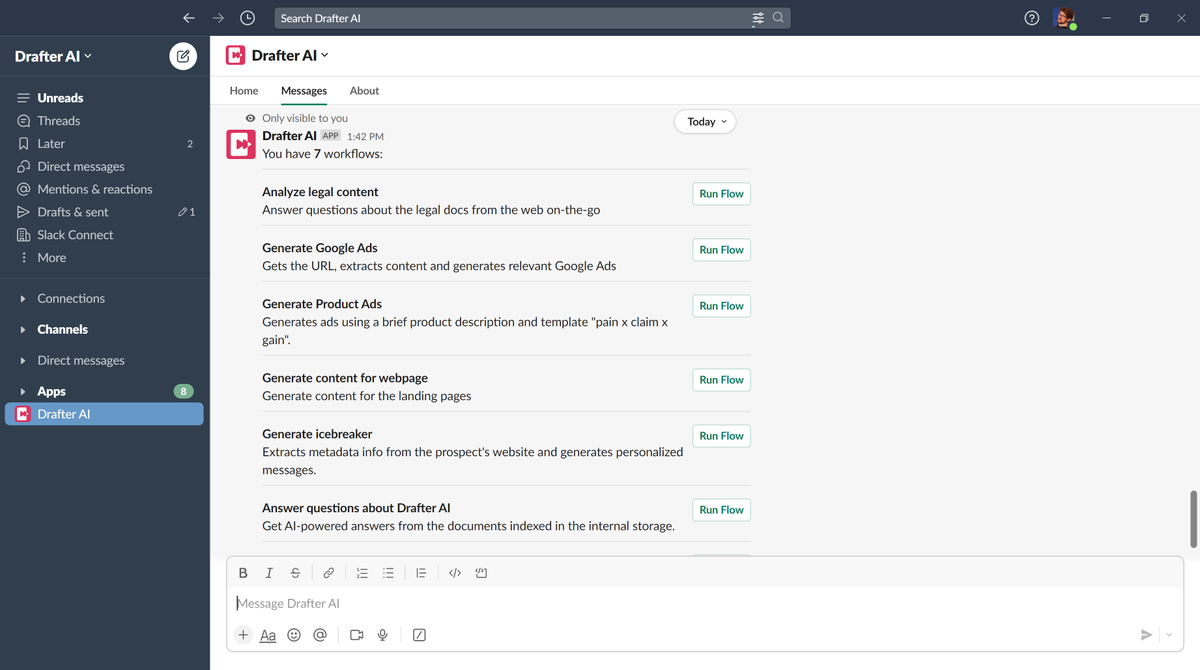 aiproductman's tweet photo. Slack <> Drafter AI integration is ON.

Get jobs done with AI right in your Slack:

✅Analyze and summarize docs
✅Generate content
✅Answer customer requests

...and many more.

Retweet and DM me to get access before it's published.

#nocode #ai #automation #slack #drafterai https://t.co/9Fvi5kzMfO