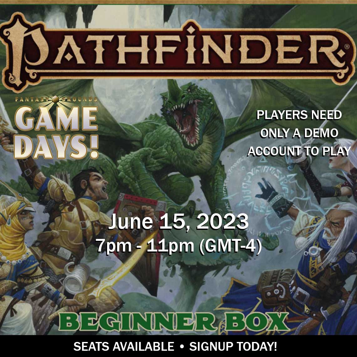 WintermuteGm's tweet photo. New to Pathfinder 2E and possibly Fantasy Grounds?  Join this @fantasygrounds2 Game Day PF2 Beginner's Box game and learn the basics of both.  Pre-gens are provided, signup at https://t.co/r5Vi2RYif4  #FantasyGrounds #Pathfinder #FGGameDays #PFRPG2 https://t.co/vbp4DlhoAm