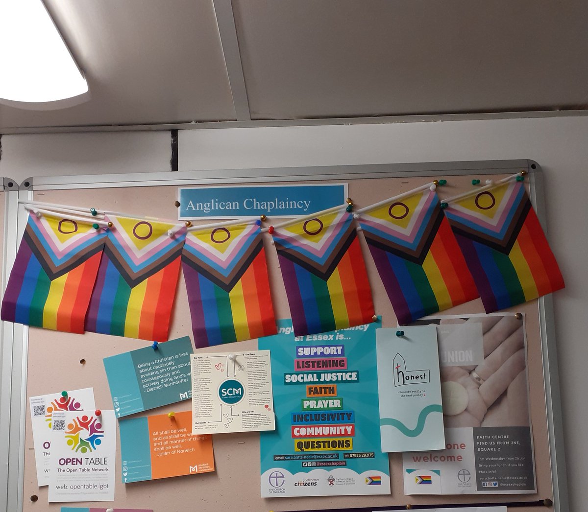 essexchaplain's tweet photo. Last week,someone scribbled out the Pride flags on my noticeboard. This week, we're into Pride month, so I redecorated. https://t.co/DUcfIIVDmP