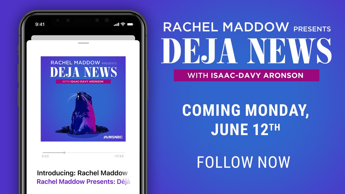 maddow's tweet photo. A new thing!

The trailer just dropped for the new podcast I've been working on with @isaacdaronson -- it's called: “Rachel Maddow Presents: Déjà News.”

Hear the trailer today and follow the series to get each new episode as they're released:

https://t.co/ShzRx02p06 https://t.co/1bE8KDxxsr