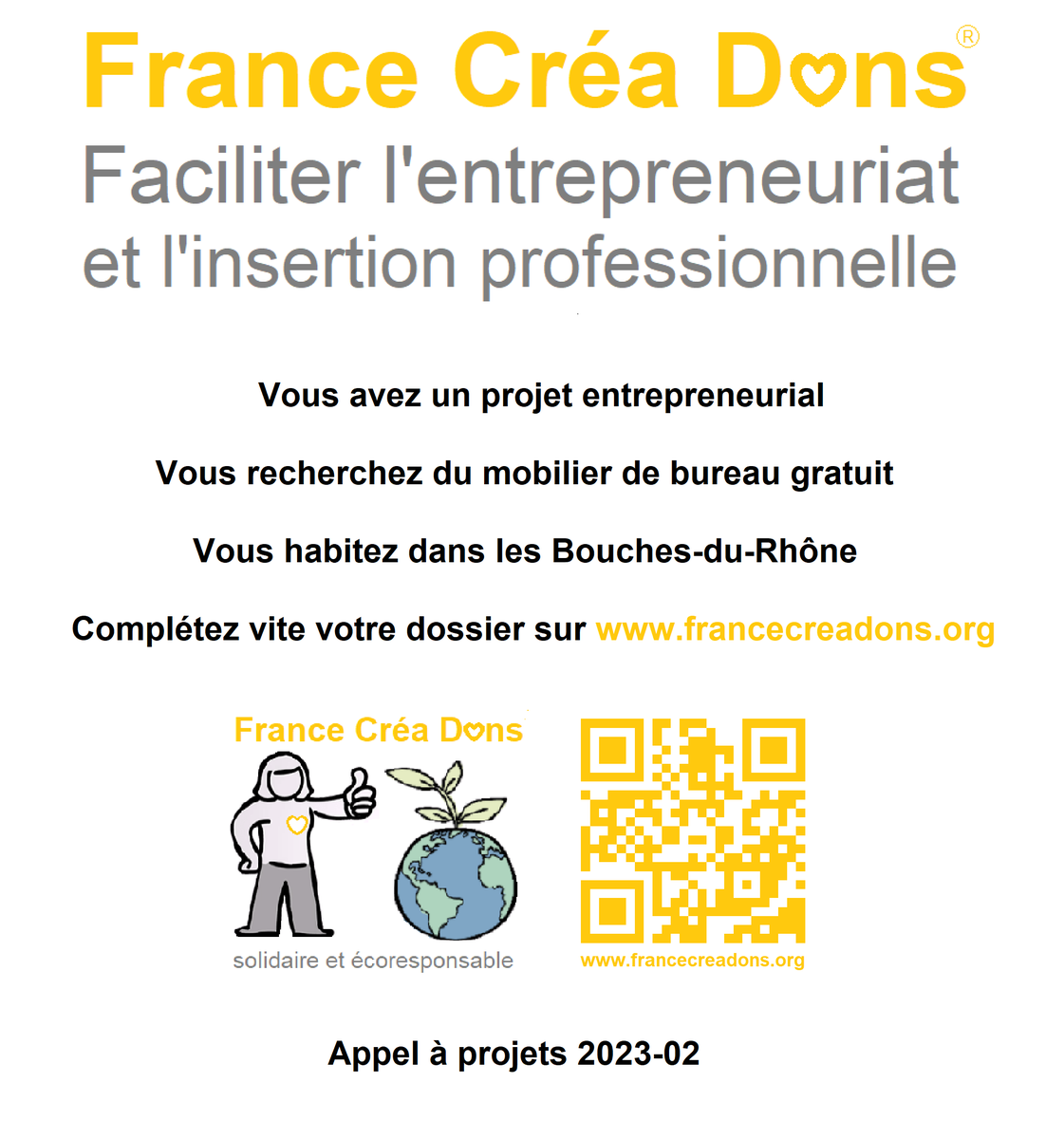 Vous avez besoin de matériel de bureau gratuit ?
Répondez-vite à notre appel à projet !
France Créa Dons vous aide...
#inclusion #entreprendre #entrepreunariat #entreprendreautrement #entrepreneuriatsocial #socialentrepreneurship #ESS #femmesentrepreneures #bouchesdurhone