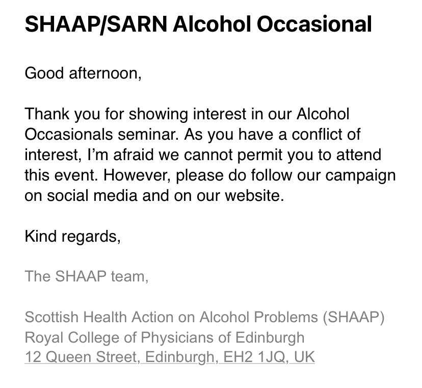 Signed up to a @SHAAPAlcohol seminar by @DrAMAtkinson about the impact of gendered alcohol marketing. Although this is a huge area of interest for me and @OurWhiskyOWF, because I’m in the industry they’ve refused to let me attend. How progressive.