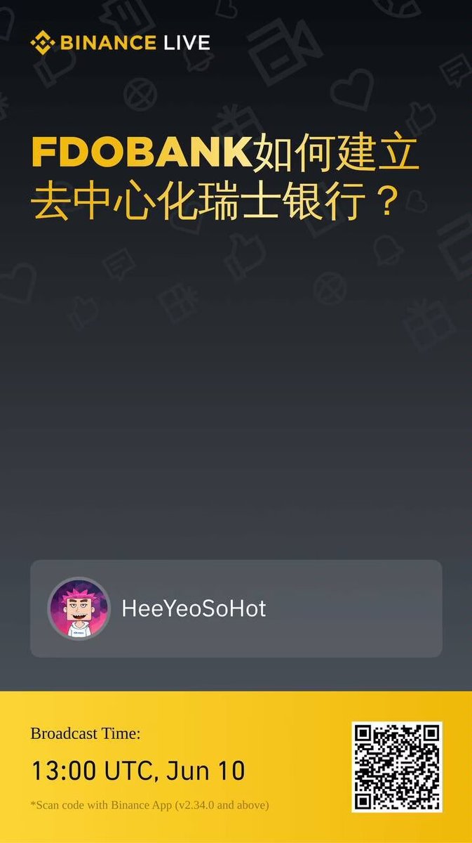 💛幣安BINANCE直播
💛FDOBANK如何建立去中心化瑞士銀行？

🎙️主播：HeeYeo 
🎙️嘉賓：ASTER

✨6月10日 21:00
binance.com/zh-CN/live/vid…