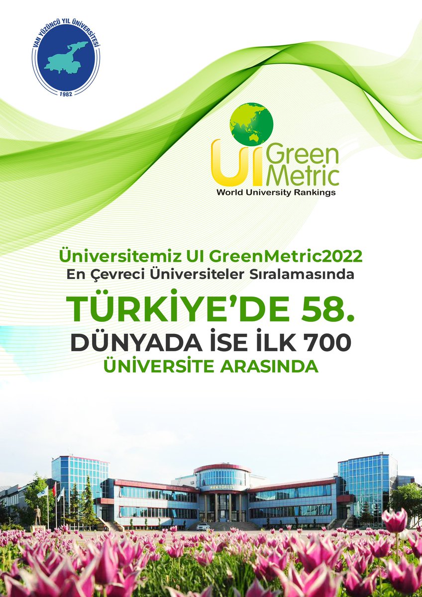 Van Yüzüncü Yıl Üniversitesi “Dünyanın en yeşil üniversitelerini” belirleyen Green Metric Endeksinde Dünyada 648. sırada ilk bin üniversite arasında yer alıyor. 
Hedefimiz daha yeşil daha çevreci bir üniversite olmak.