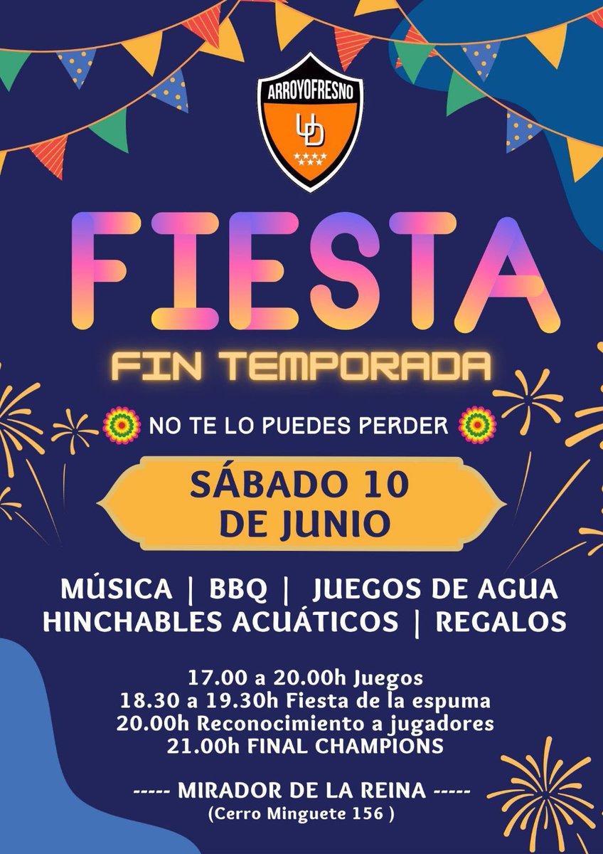 FIN TEMPORADA | ¡Vuelve la fiesta 🥳 más conocida y divertida 🤩entre los clubes del barrio!
Castillo 🏰 hinchable acuático, música 🎵, BBQ 🍢, regalos 🎁 a jugadores, premios 🏆 individuales… NO PUEDES FALTAR!
¡Nos vemos este SÁBADO 10 JUNIO!para despedir! #orgullonaranja 🧡