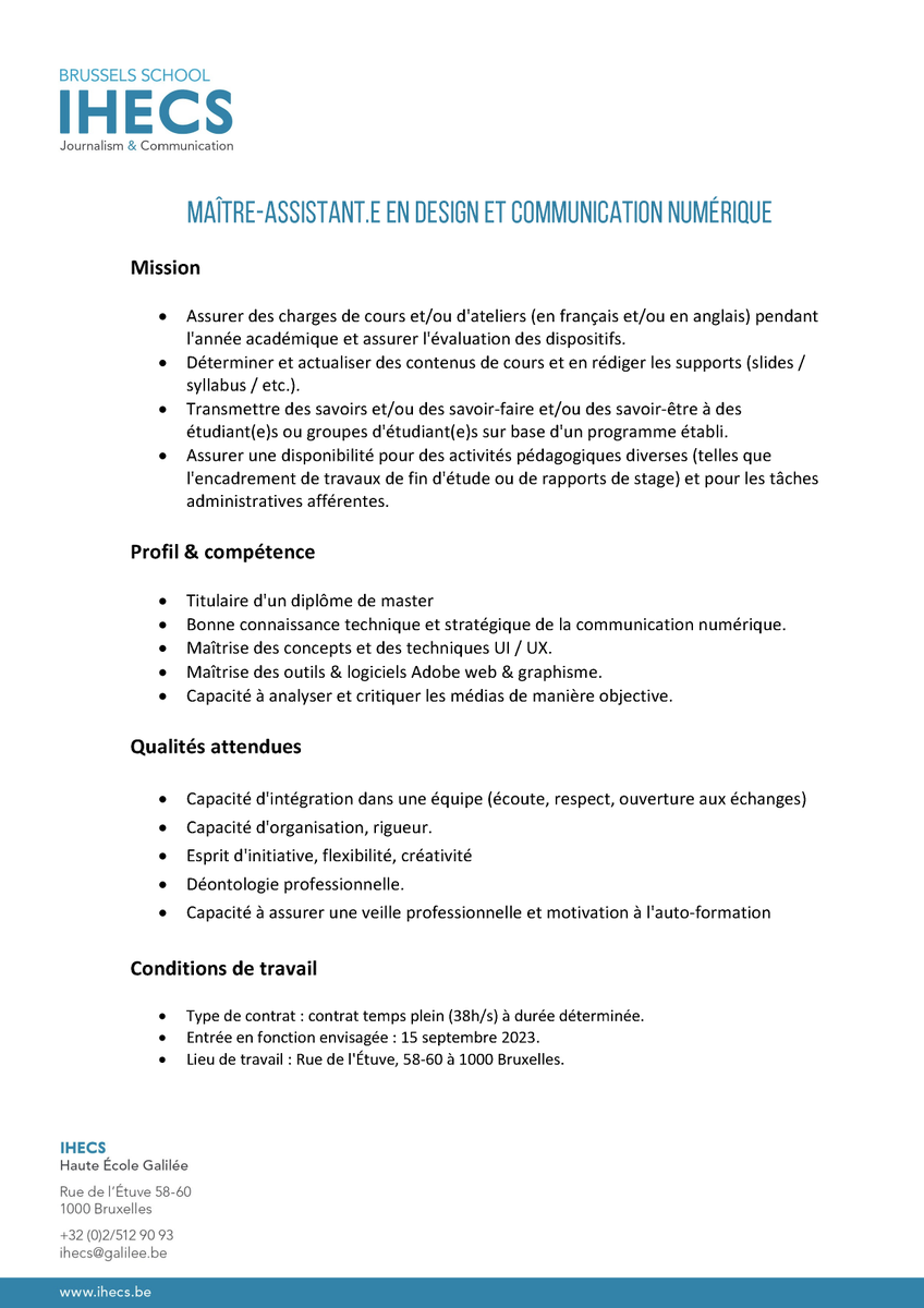 ihecs's tweet photo. 📣L'IHECS recrute !   Nous cherchons un.e maitre assistant.e en Design &amp; Communication Numérique 👇 https://t.co/PS9iyj8AXi
