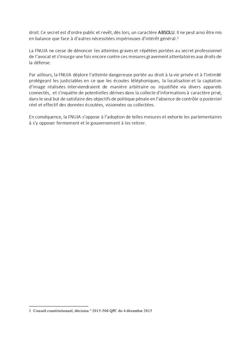 🔵🟡 #communiquéFnuja 
Captation de son et d’images de vos appareils connectés : l’atteinte de trop à la vie privée et au secret professionnel.

PJL programmation <a href="/justice_gouv/">Ministère de la Justice</a> 2023-2027 : la <a href="/fnuja/">Fédération Nationale des Unions de Jeunes Avocats</a> appelle au retrait des mesures de captation de son et d’images prévues à l’art.3