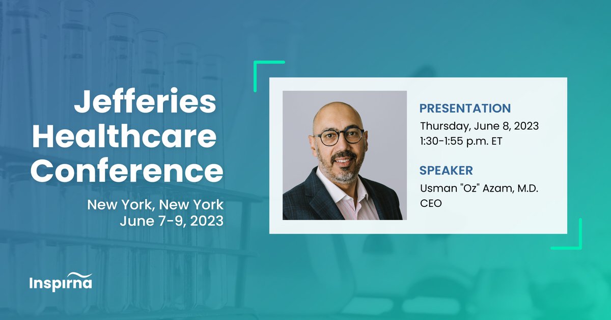 inspirna's tweet photo. This Thursday, Inspirna CEO, Usman “Oz” Azam, will present a company overview and discuss advances in our #oncology pipeline at the @Jefferies Healthcare Conference. More details: https://t.co/UmDRF3i4N7 https://t.co/7oYq1tMq8L