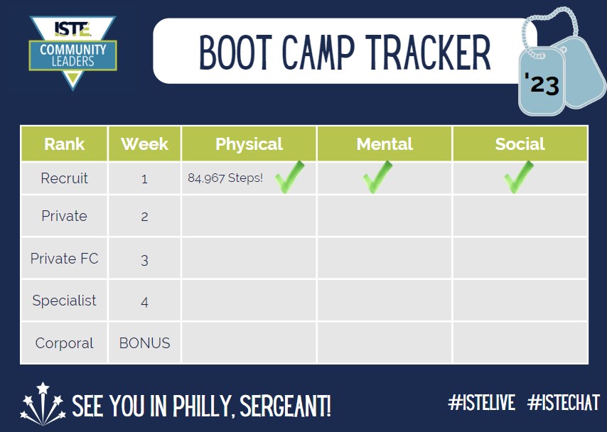 FancyLancy's tweet image. I&apos;ve got my Recruit badge and I&apos;m still truckin&apos; on!  My schedule is drafted in a spreadsheet... I&apos;ve been getting my steps, and posting online!
I&apos;m so excited about my #ISTELive trip!  On to week 2 and earning my Private badge. #ISTEChat @ISTEcommunity @ISTE