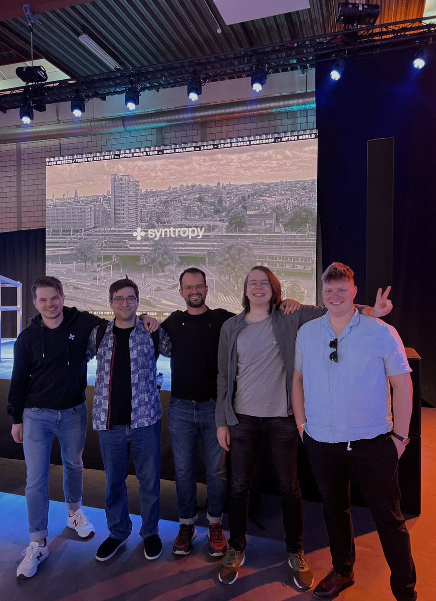 The #AptosWorldTour hackathon has kicked off in Amsterdam!

#Syntropy team is talking with lots of keen builders about real-time #blockchain data already.

Don't miss our presentation & workshop tomorrow at 1 pm. There's a high chance of a live stream for the community 🤩