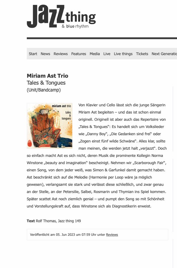 Today my new album Tales and Tongues has a title review on the cover page of Jazzthing.de
Thanks very much for the feature Rolf Thomas and Jazzthing!
@jacekbrun <a href="/JAZZthingTV/">JAZZthingTV</a> <a href="/LondonJazz/">UK Jazz News</a> <a href="/JAZZTHETIK/">Magazin für Jazz</a> <a href="/Jazzpodium_de/">Jazz Podium</a> <a href="/jazzahead/">jazzahead!</a> <a href="/DownBeatMag/">DownBeat Magazine</a> <a href="/Jazzwise/">Jazzwise</a> <a href="/GogaMusicArts/">Marita Goga</a>