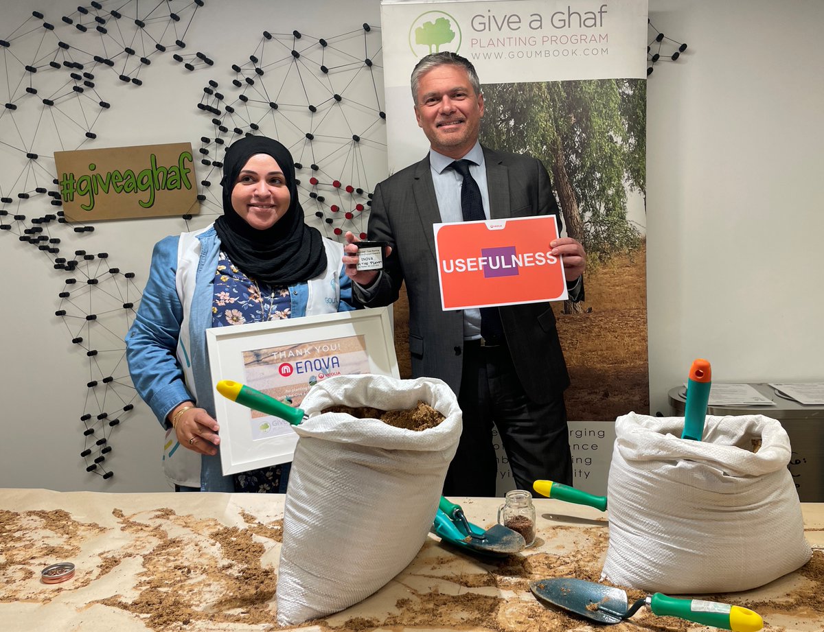 Enovame's tweet photo. To honor #WorldEnvironmentDay, our staff gathered to plant their seeds of #Purpose, facilitated by @Goumbook and its #GiveAGhaf initiative. Ghaf trees are an integral part of the #Biodiversity of the region, bringing extensive benefits to the local #Ecosystem #OurPurposeInMotion https://t.co/7KWCzNoSkc