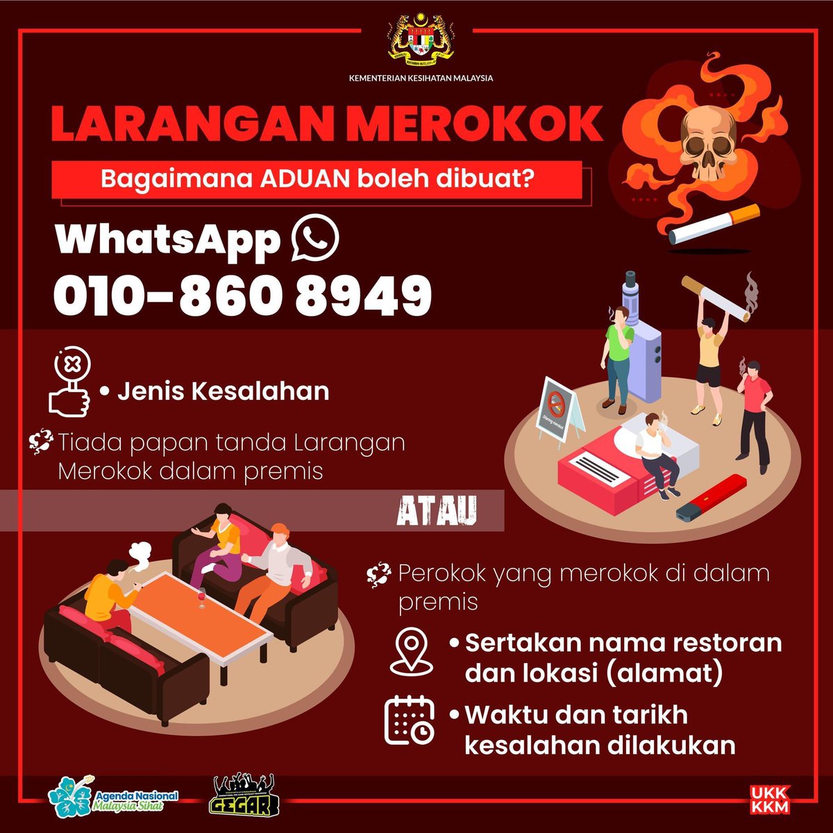 KKMPutrajaya's tweet photo. Orang ramai boleh membuat aduan melalui talian khas yang telah disediakan oleh KKM seperti dikongsikan

Laporkan aduan terus ke talian Aduan Merokok seperti dibawah:
010-8608949 (Whatsapp) 📱 https://t.co/GZCr7JpB2O